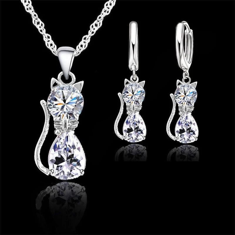 925 Sterling Silver Crystal Cat Necklace & Huggie Earring Set