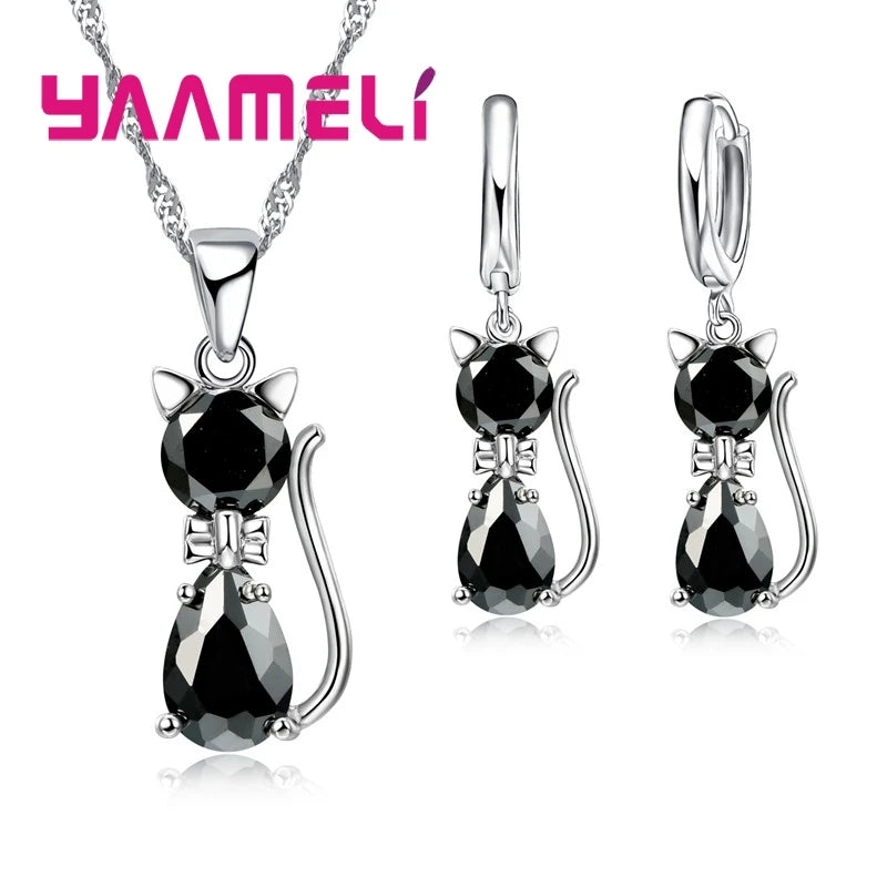 925 Sterling Silver Crystal Cat Necklace & Huggie Earring Set