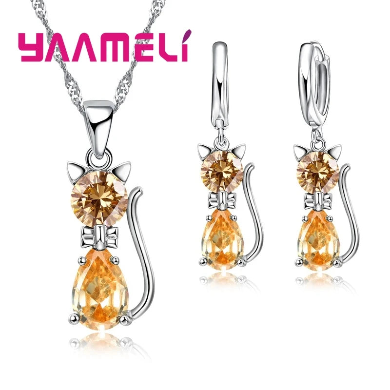 925 Sterling Silver Crystal Cat Necklace & Huggie Earring Set