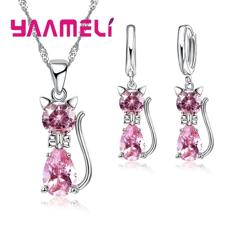 925 Sterling Silver Crystal Cat Necklace & Huggie Earring Set