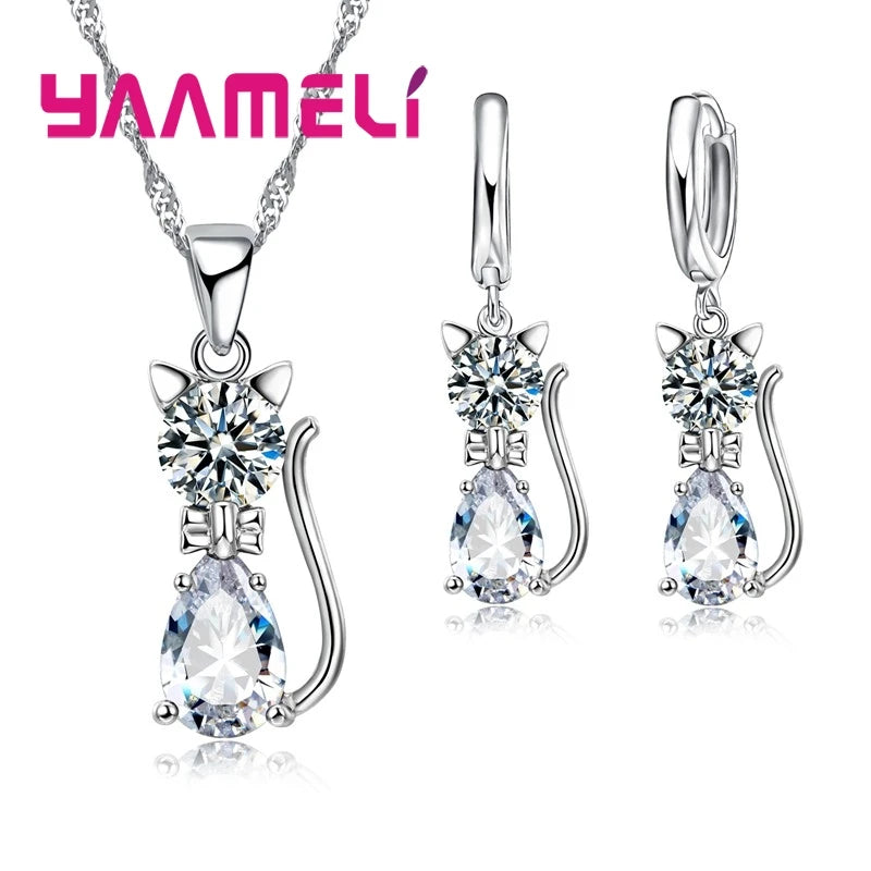 925 Sterling Silver Crystal Cat Necklace & Huggie Earring Set