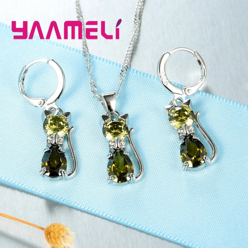 925 Sterling Silver Crystal Cat Necklace & Huggie Earring Set