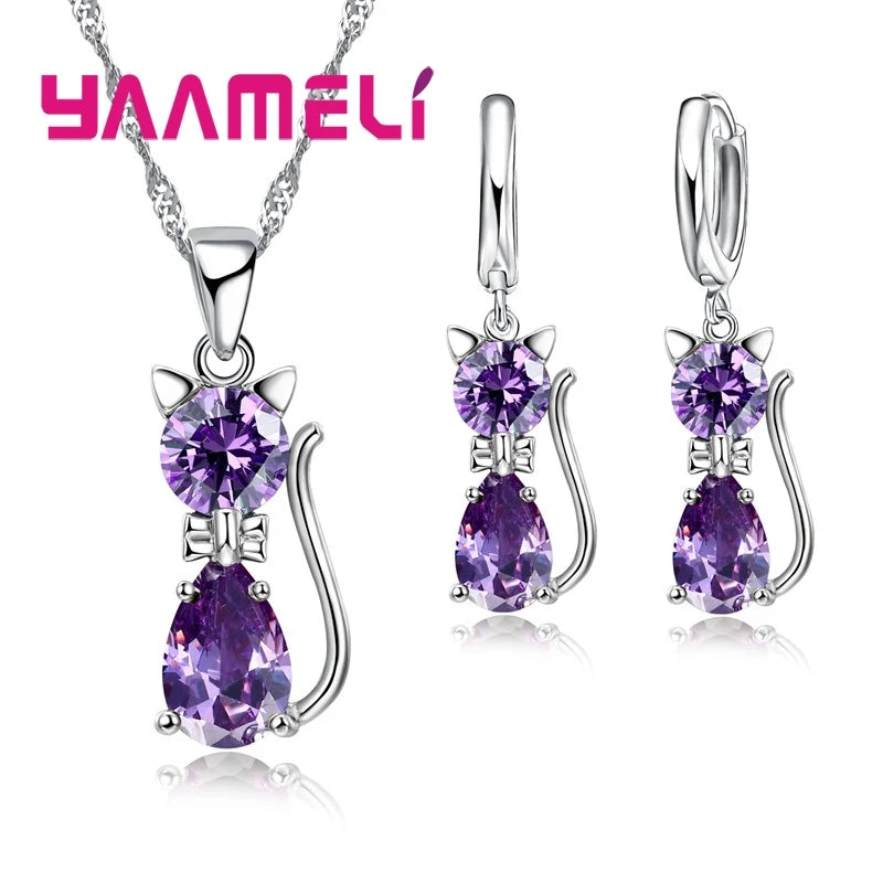 925 Sterling Silver Crystal Cat Necklace & Huggie Earring Set