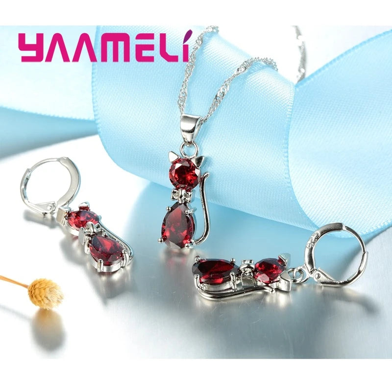 925 Sterling Silver Crystal Cat Necklace & Huggie Earring Set