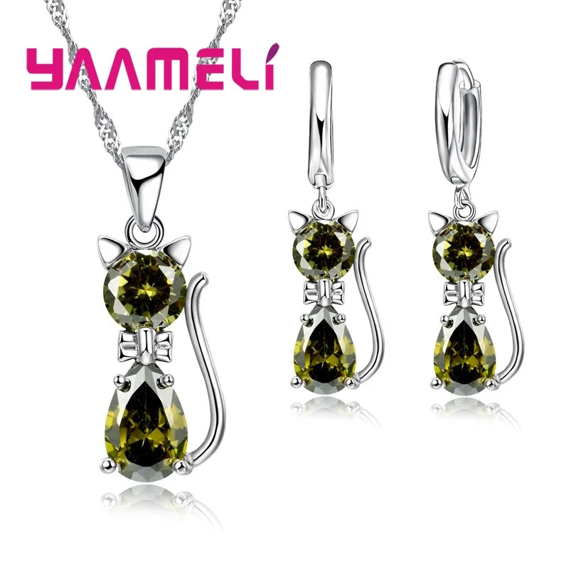 925 Sterling Silver Crystal Cat Necklace & Huggie Earring Set