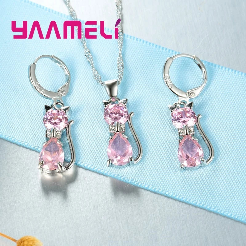 925 Sterling Silver Crystal Cat Necklace & Huggie Earring Set