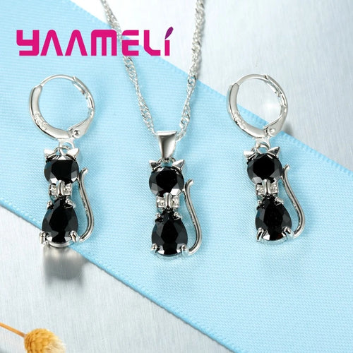 925 Sterling Silver Crystal Cat Necklace & Huggie Earring Set