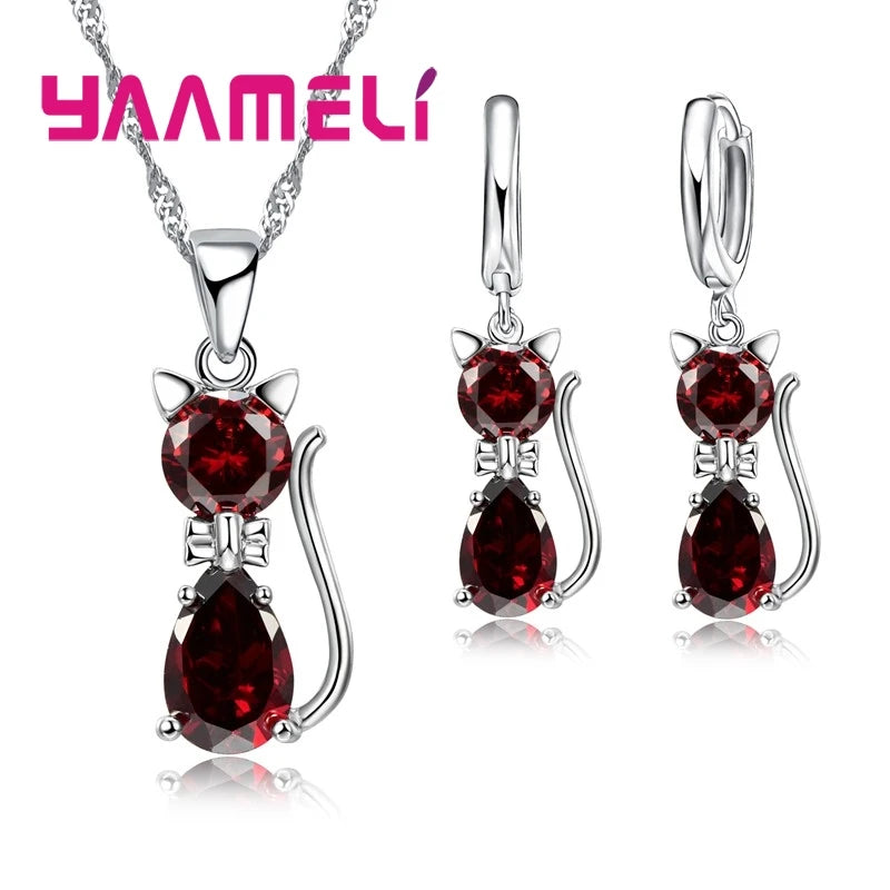 925 Sterling Silver Crystal Cat Necklace & Huggie Earring Set