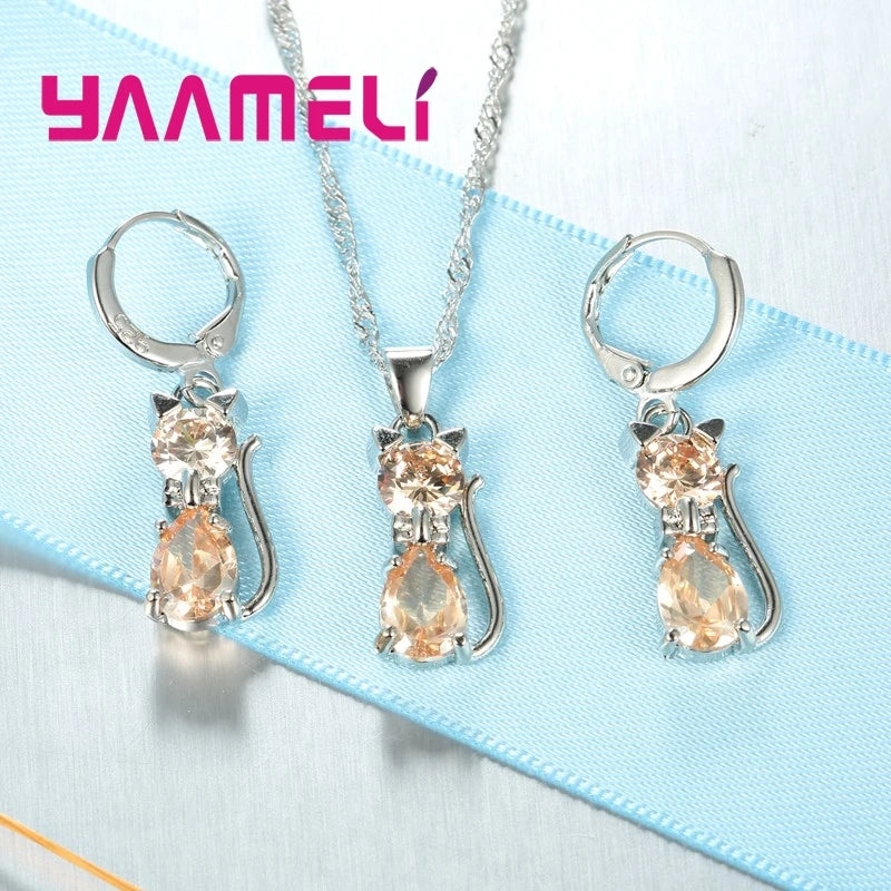 925 Sterling Silver Crystal Cat Necklace & Huggie Earring Set
