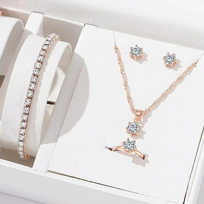 5-Piece Crystal Zirconia Jewelry Set — Necklace, Bracelet, Ring & Earrings