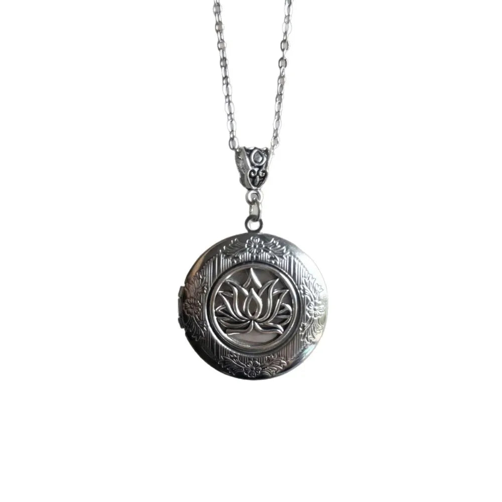 Retro Lotus Flower Relief Photo Locket Pendant Necklace
