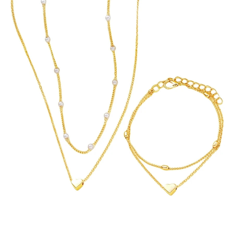Pearl Heart Necklace & Bracelet Jewelry Set