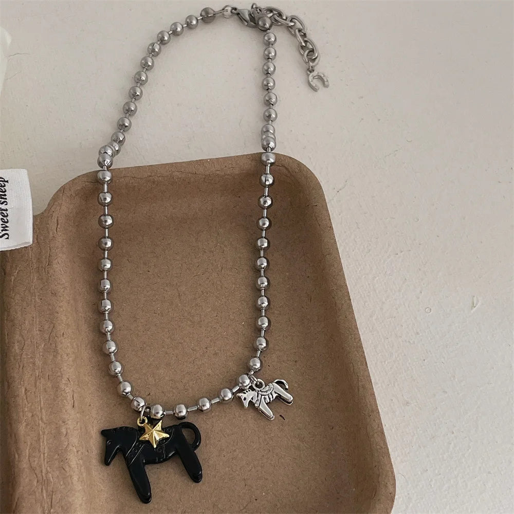 Enamel Colt Horse Pendant Choker Necklace
