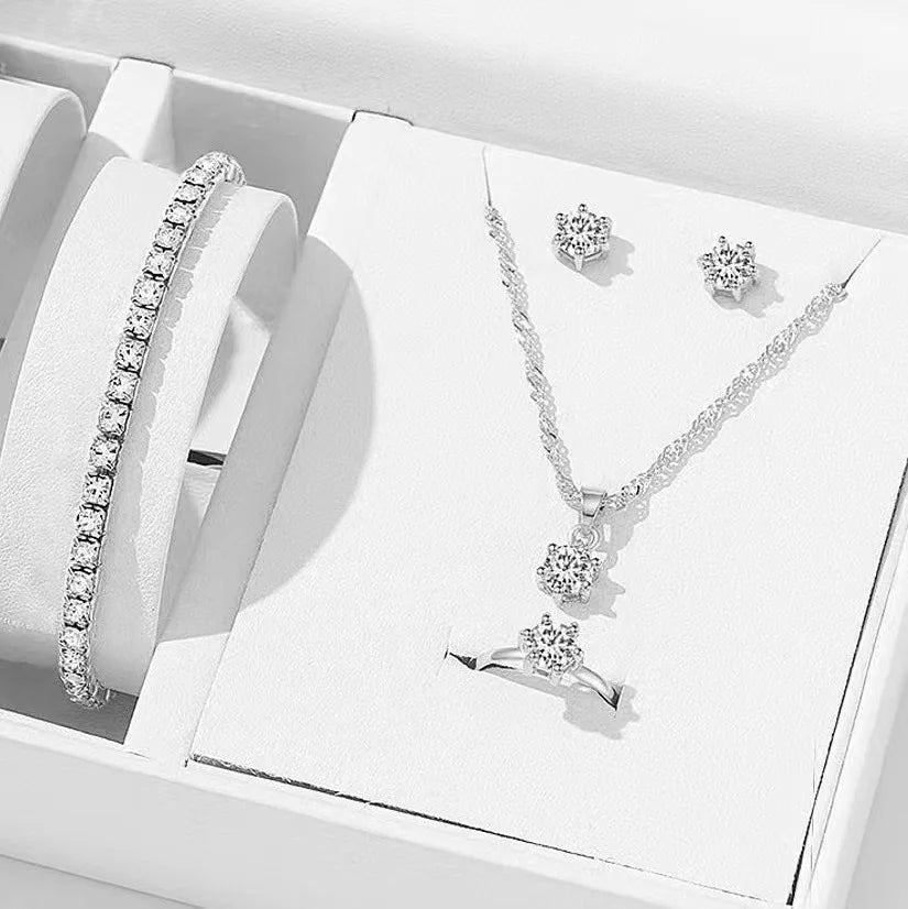 5-Piece Crystal Zirconia Jewelry Set — Necklace, Bracelet, Ring & Earrings