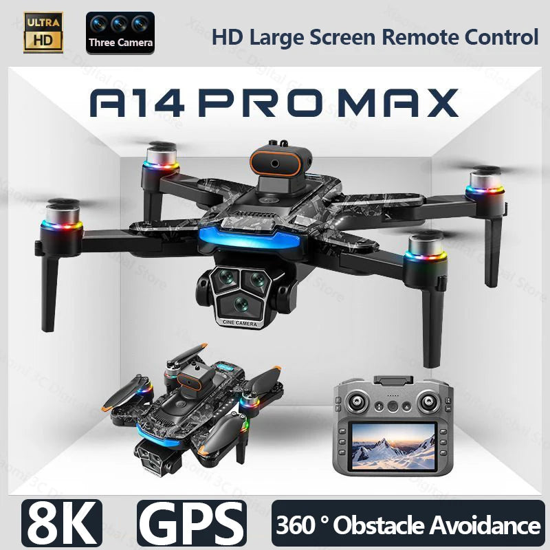 A14 Pro Max 8K Drone — Triple Camera, Brushless, Obstacle Avoidance & Foldable