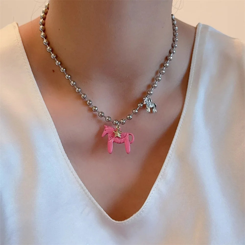 Enamel Colt Horse Pendant Choker Necklace