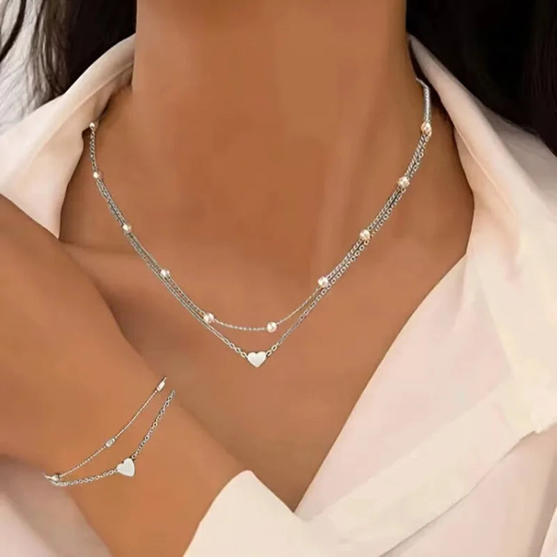 Pearl Heart Necklace & Bracelet Jewelry Set