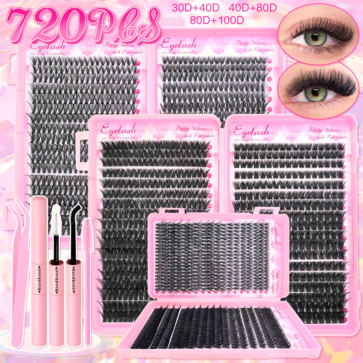 DIY Cluster Lash Extension Kit — Wispy & Natural 9–16mm with Bond & Seal
