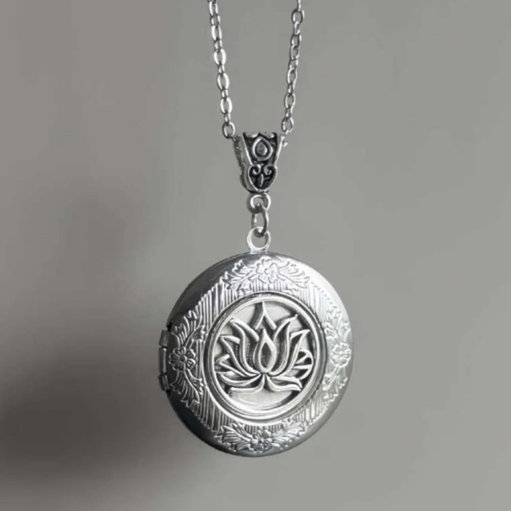 Retro Lotus Flower Relief Photo Locket Pendant Necklace
