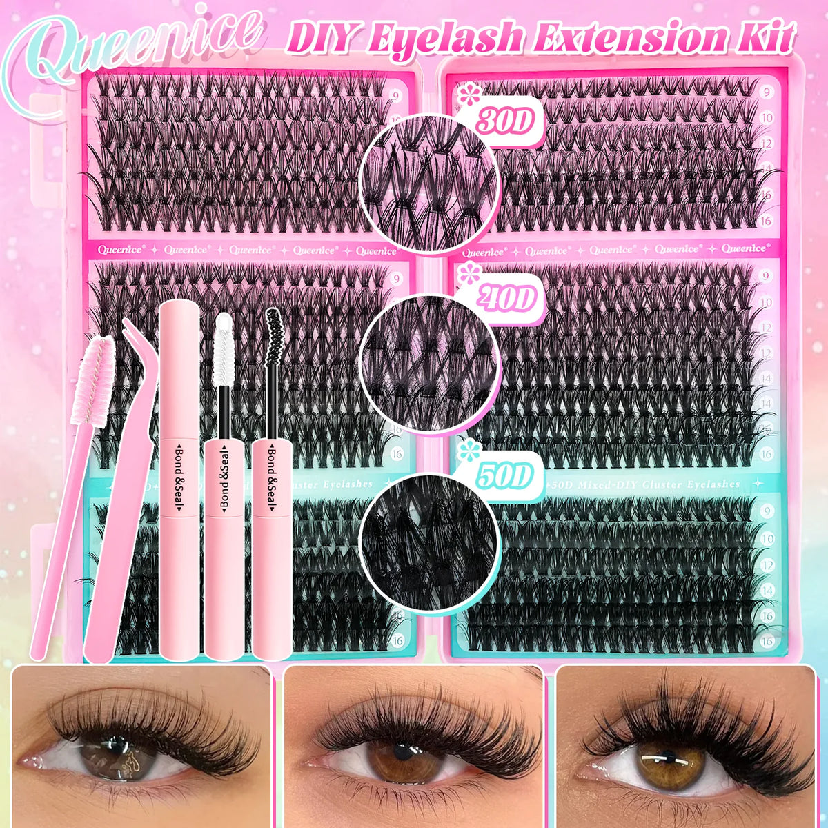 DIY Cluster Lash Extension Kit — Wispy & Natural 9–16mm with Bond & Seal