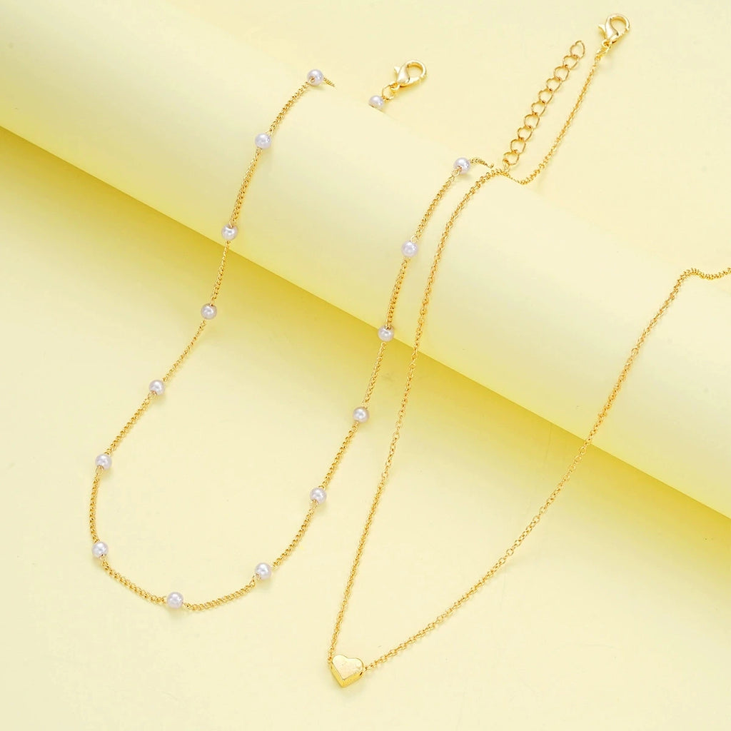 Pearl Heart Necklace & Bracelet Jewelry Set