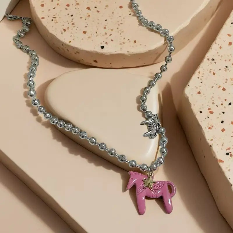 Enamel Colt Horse Pendant Choker Necklace