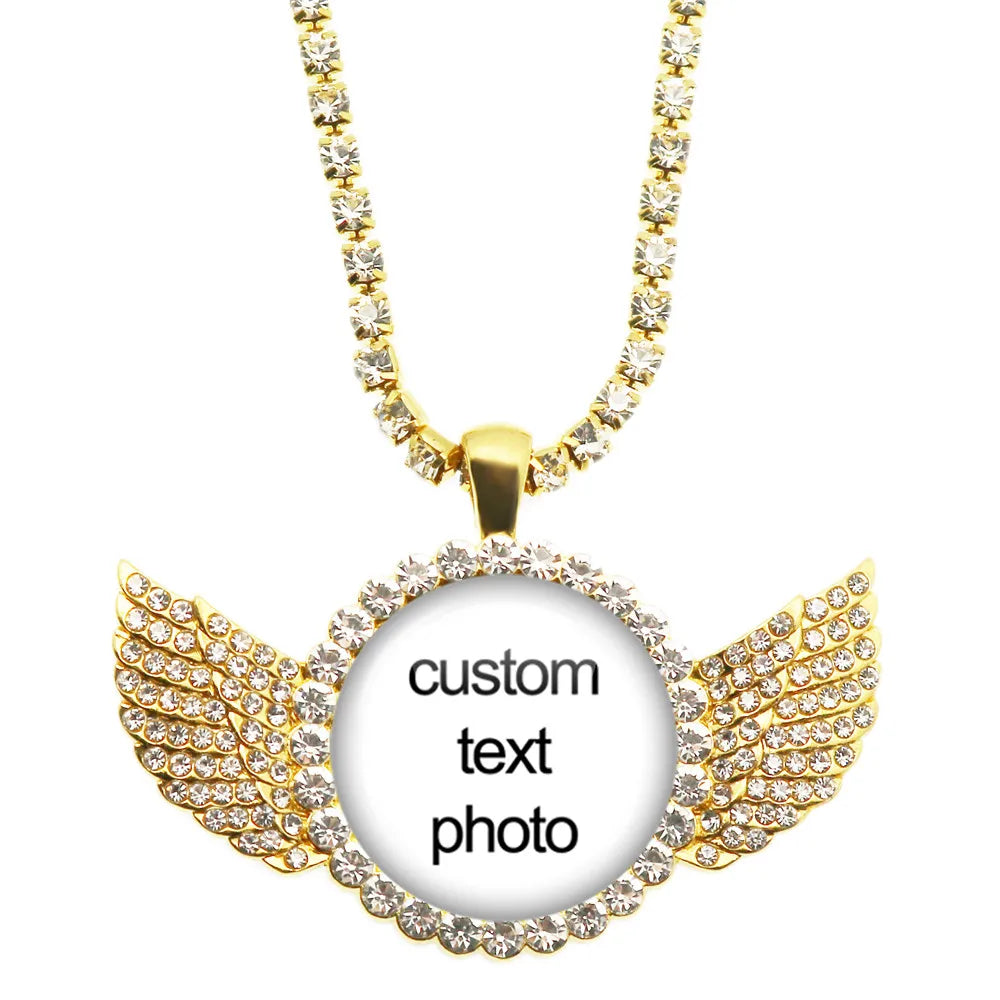 Custom Photo Crystal Angel Wing Pendant Necklace