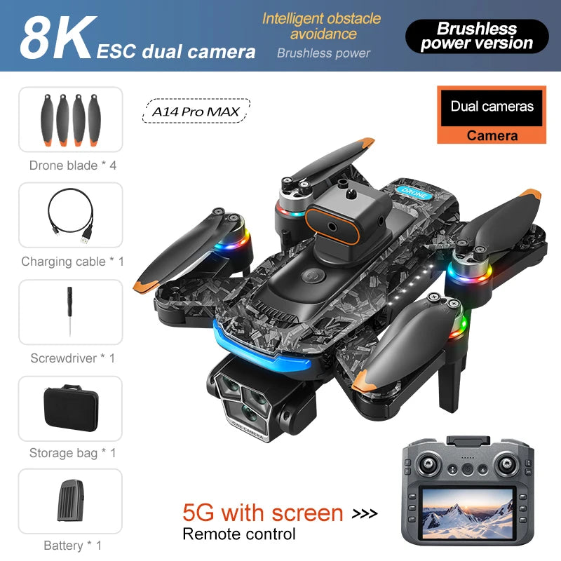 A14 Pro Max 8K Drone — Triple Camera, Brushless, Obstacle Avoidance & Foldable