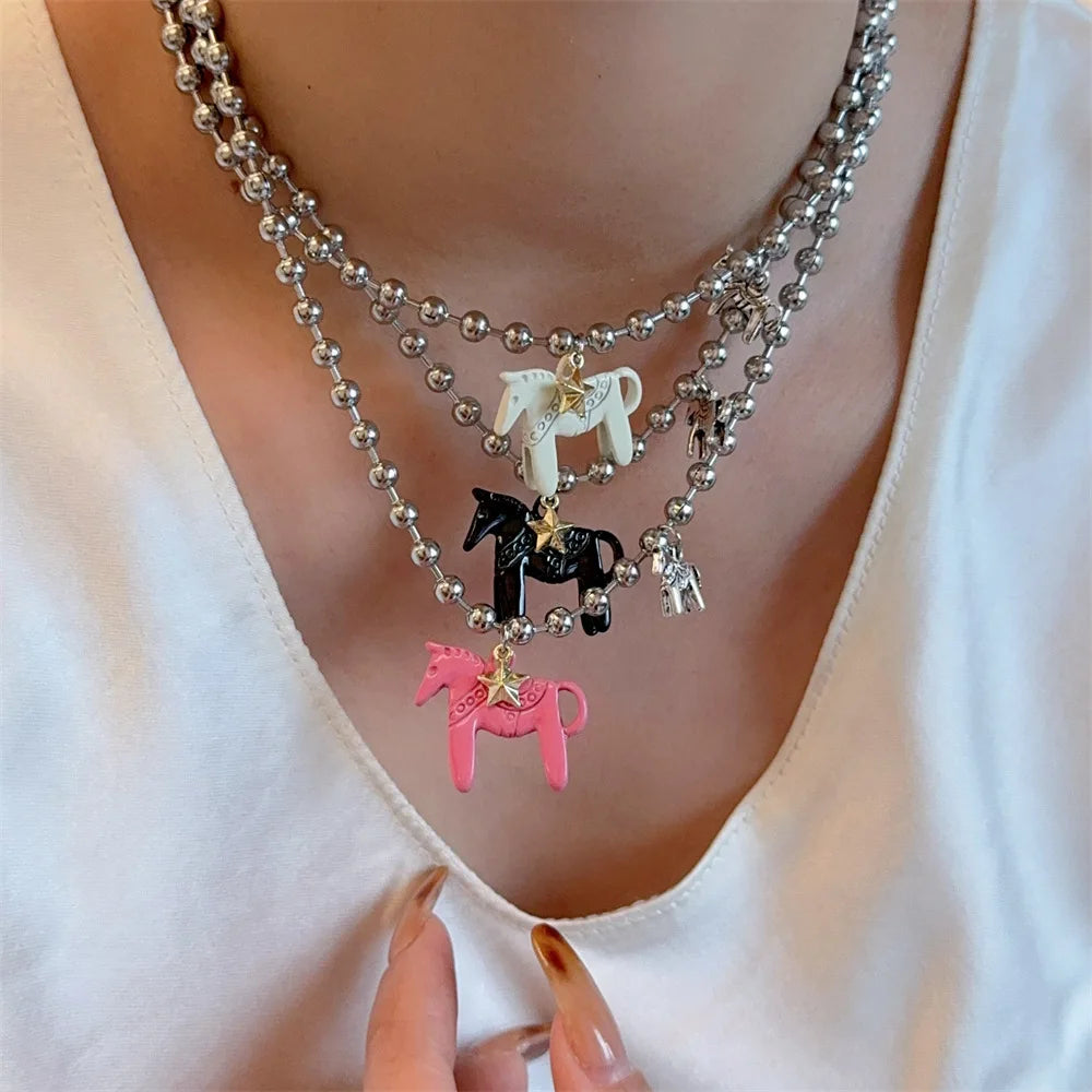Enamel Colt Horse Pendant Choker Necklace