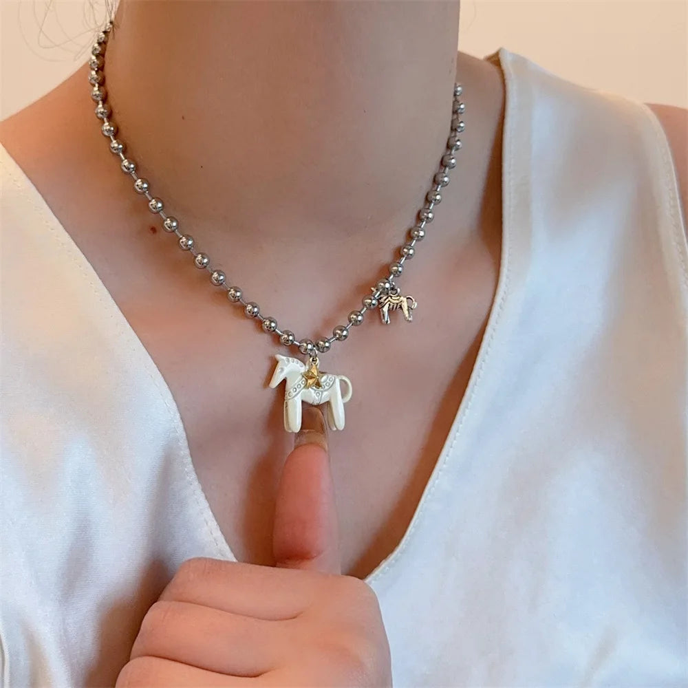 Enamel Colt Horse Pendant Choker Necklace