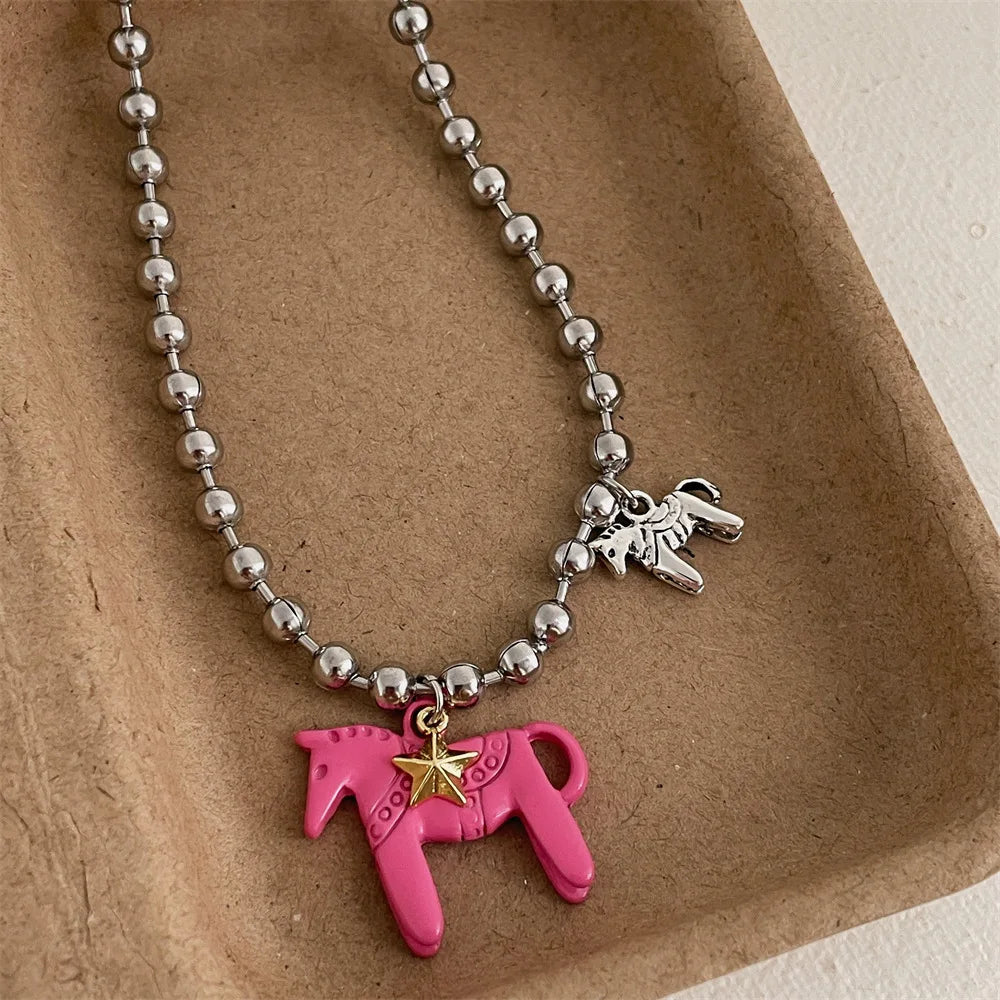 Enamel Colt Horse Pendant Choker Necklace