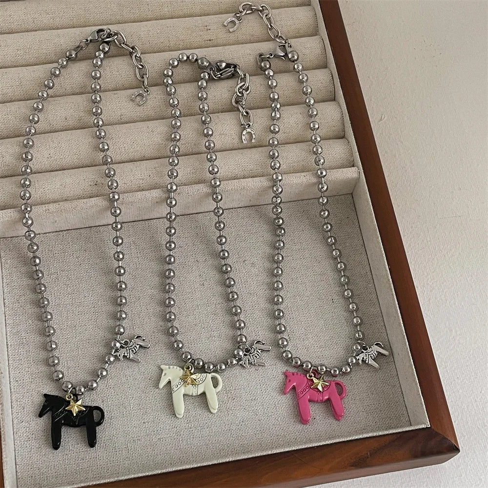 Enamel Colt Horse Pendant Choker Necklace