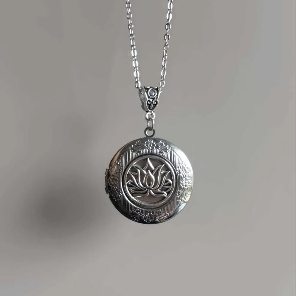 Retro Lotus Flower Relief Photo Locket Pendant Necklace
