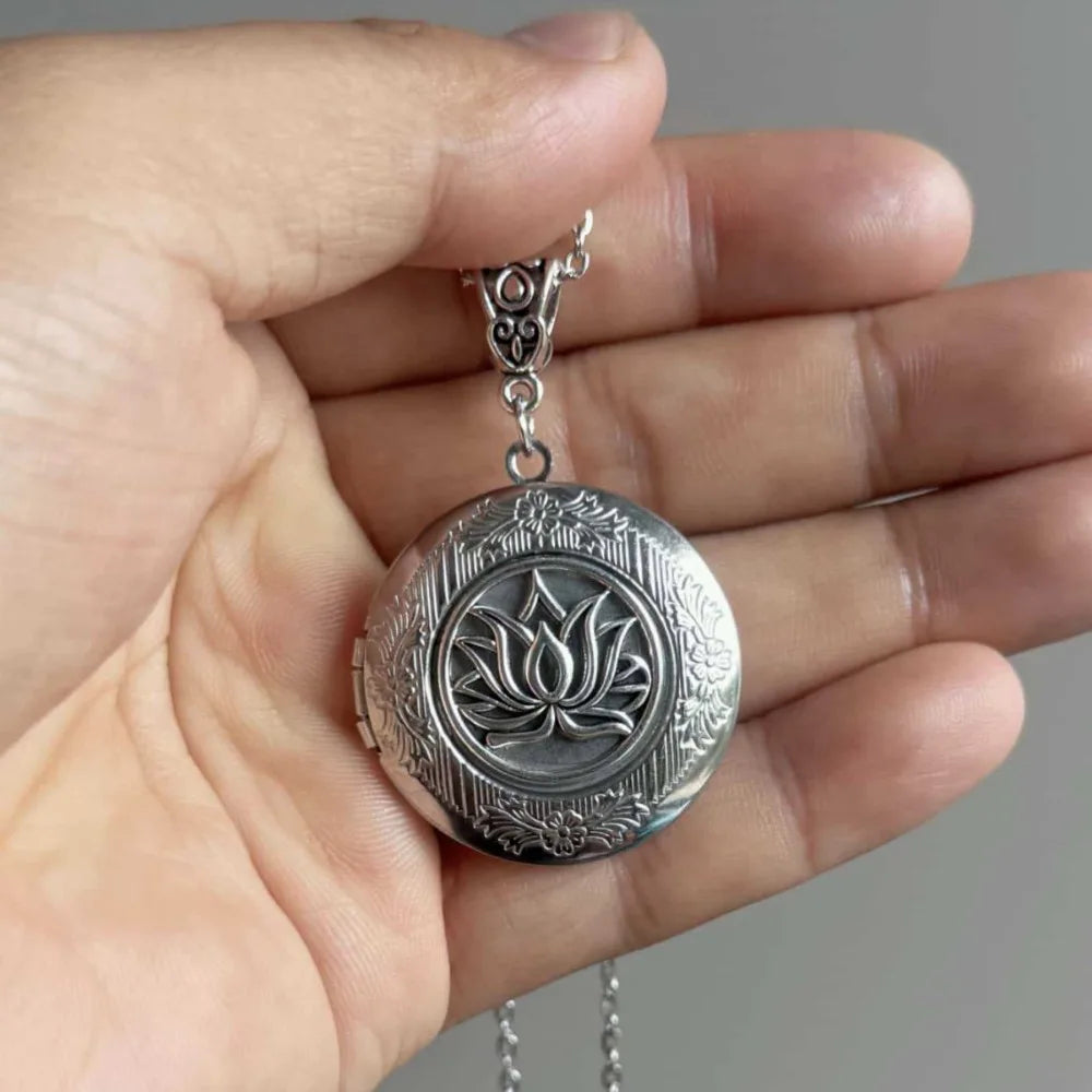 Retro Lotus Flower Relief Photo Locket Pendant Necklace