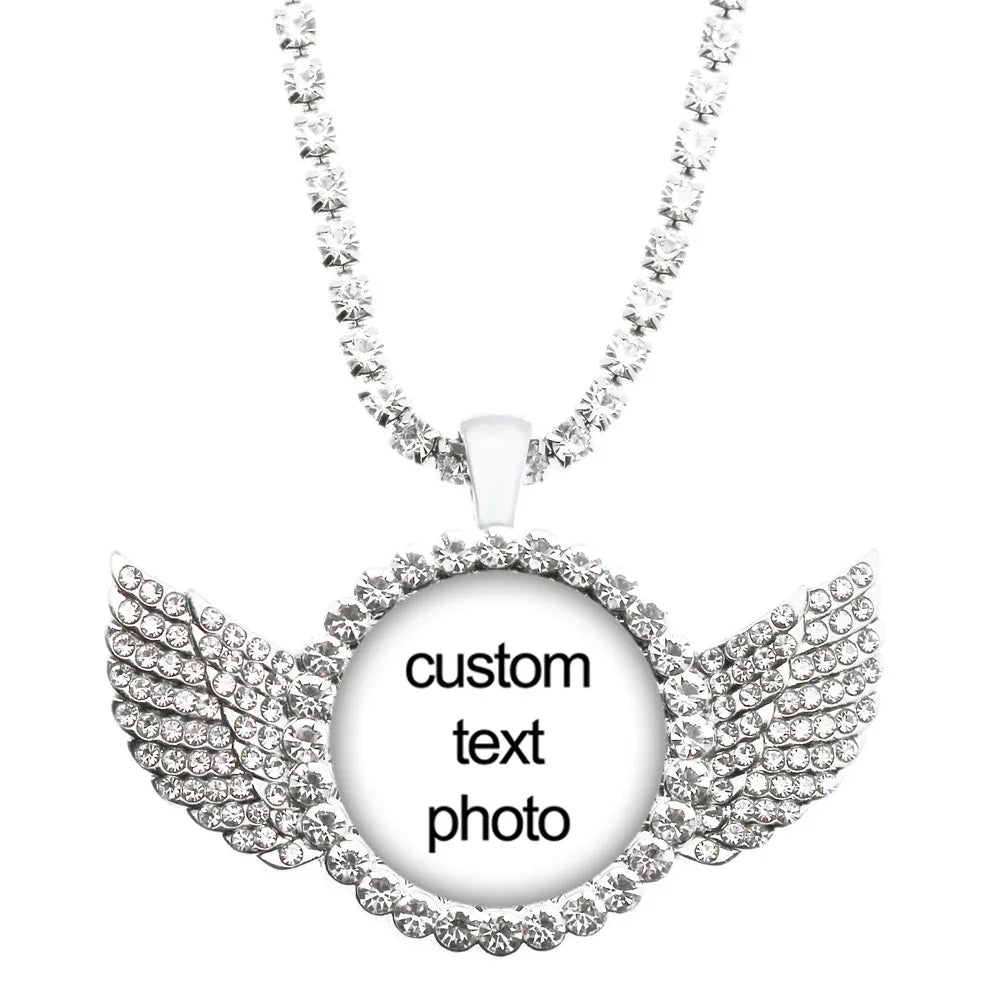 Custom Photo Crystal Angel Wing Pendant Necklace