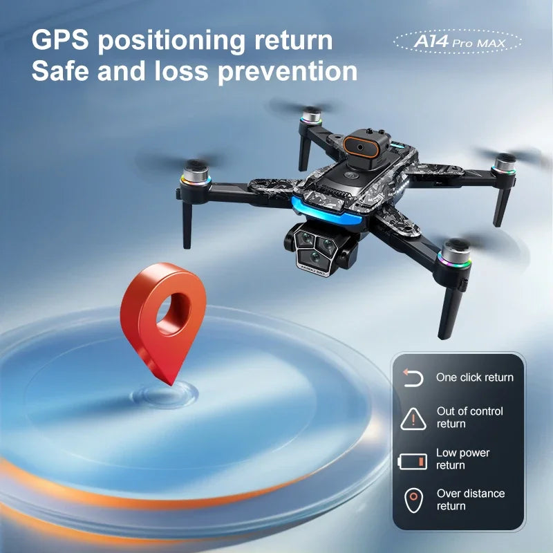 A14 Pro Max 8K Drone — Triple Camera, Brushless, Obstacle Avoidance & Foldable
