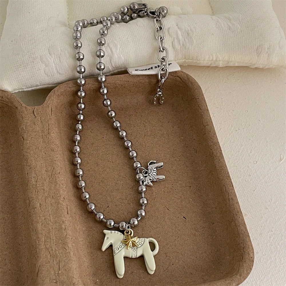 Enamel Colt Horse Pendant Choker Necklace