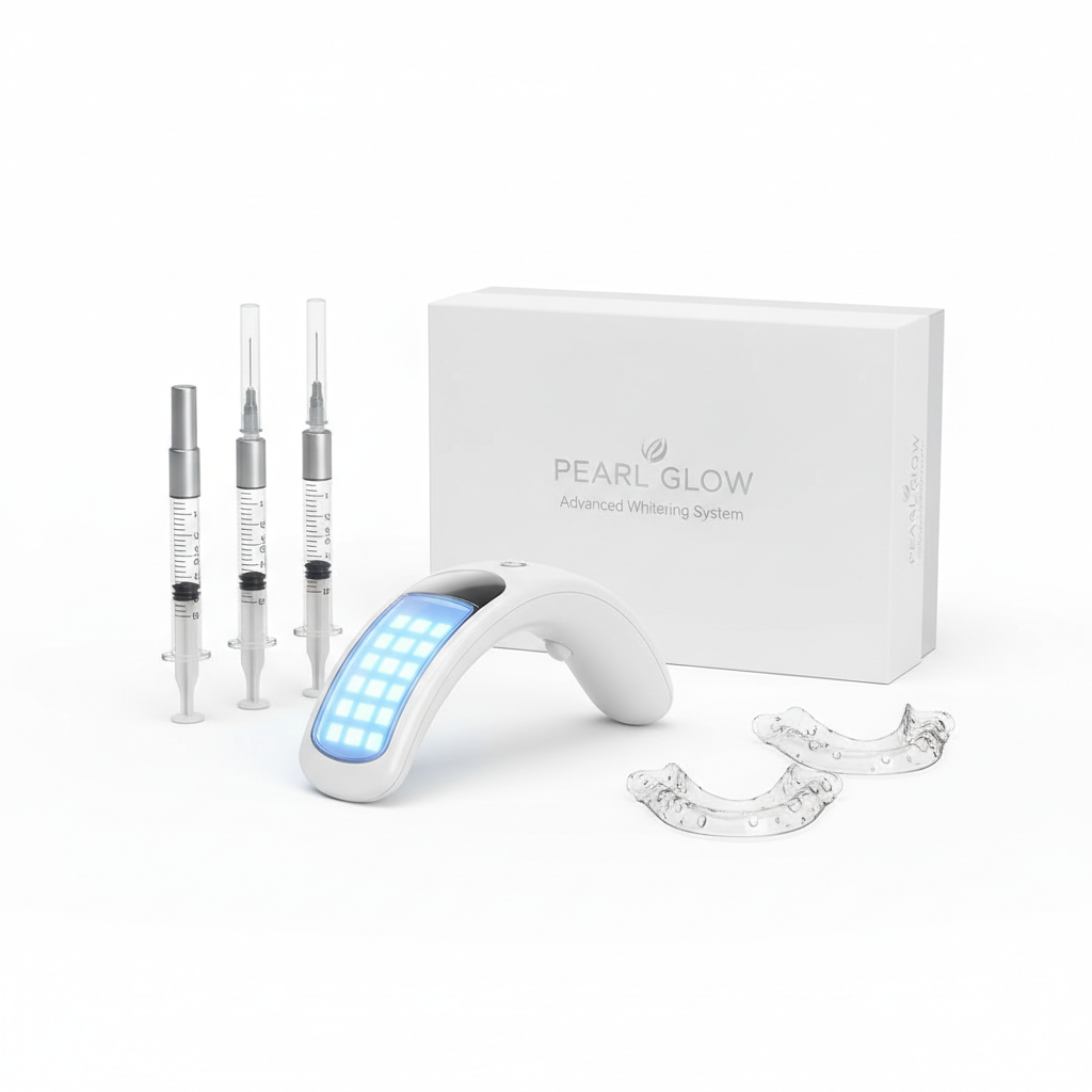 Professional teeth whitening kit with LED light and gel syringes