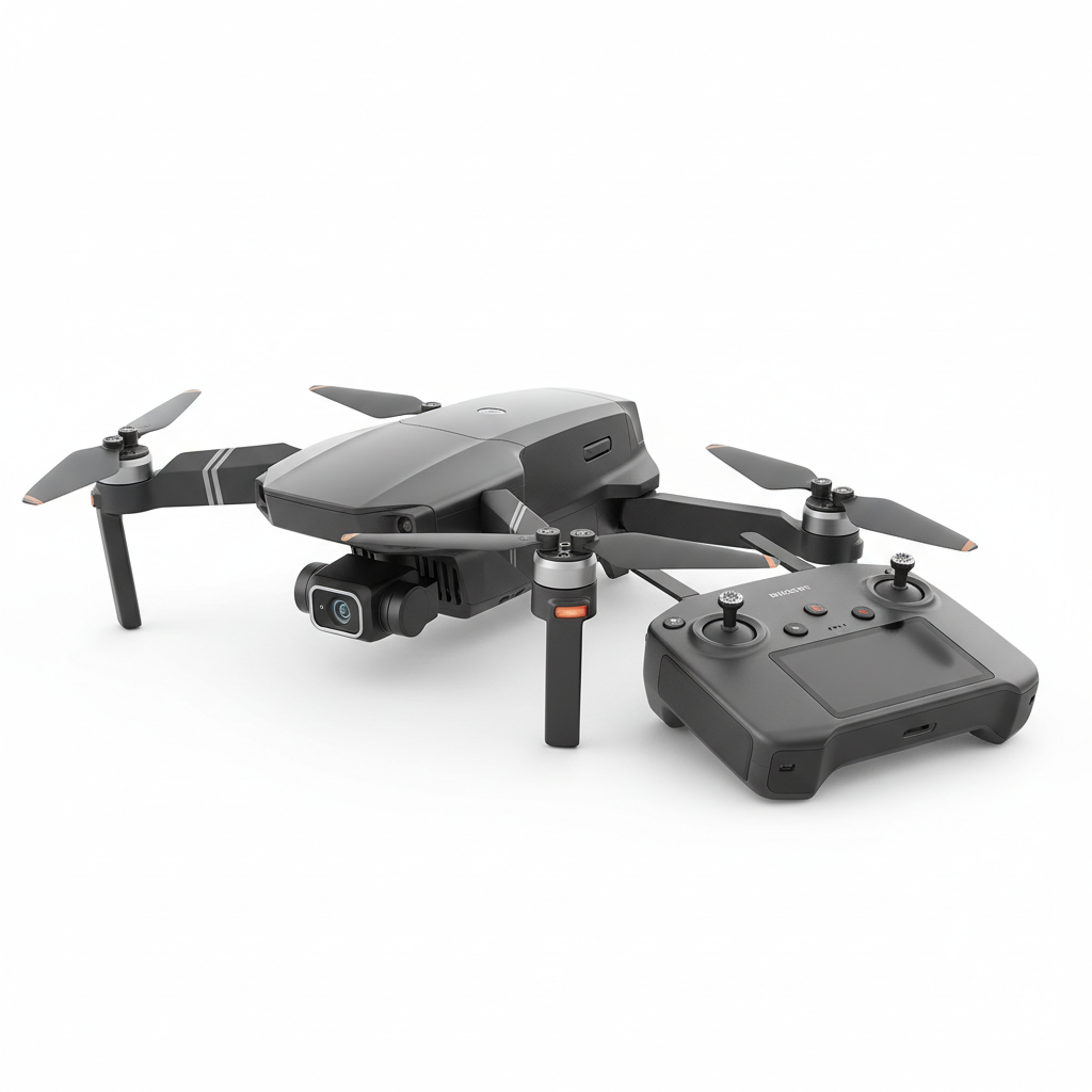 Mid-range consumer drone with camera gimbal and remote controller on white background