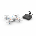 Compact budget beginner drone with propeller guards and remote controller on white background