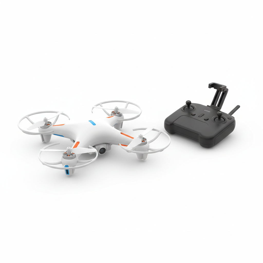 Compact budget beginner drone with propeller guards and remote controller on white background