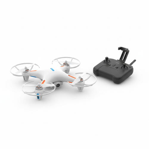 Compact budget beginner drone with propeller guards and remote controller on white background