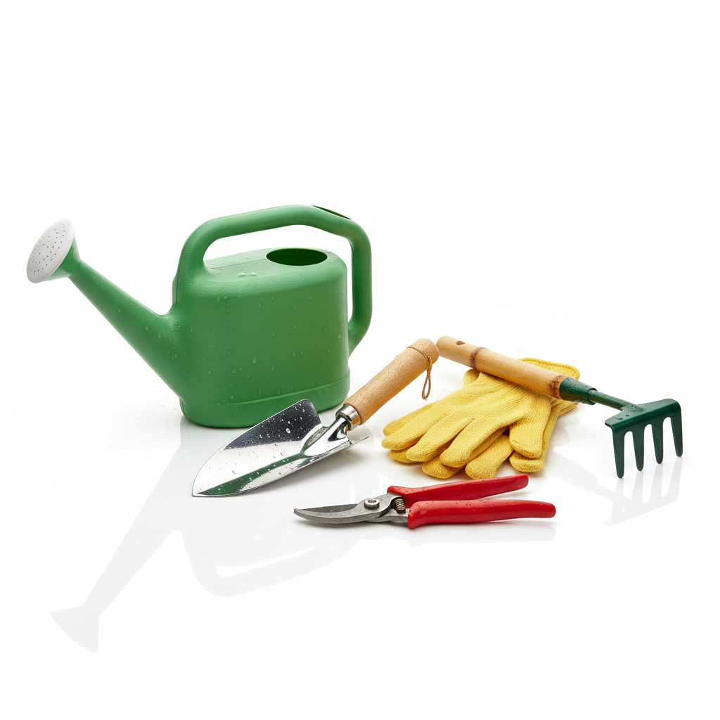 Summer gardening tools including trowel, pruning shears, gloves and watering can on white background