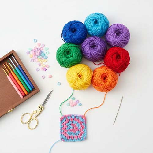 Crochet kit with colorful yarn balls, hook set, scissors and stitch markers on white background