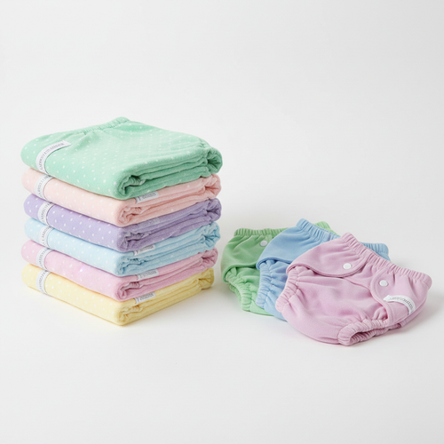 Soft colorful baby cloth diapers and training pants neatly folded on white background