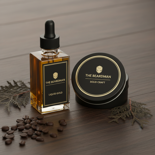 Premium beard oil dropper bottle and beard balm tin on dark wood surface