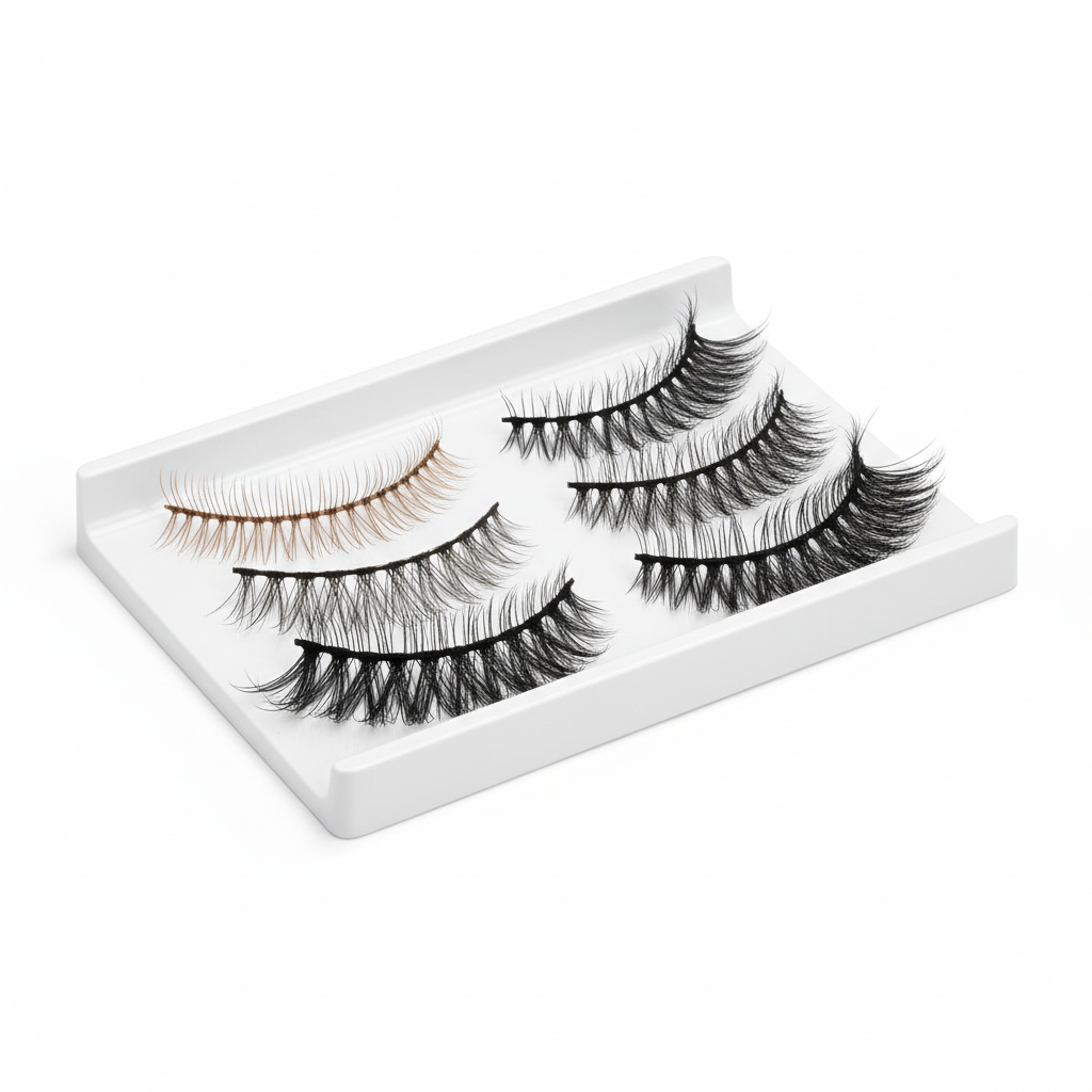 Multiple styles of false eyelashes including natural, wispy and dramatic on white background