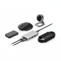 Collection of computer gadgets including USB hub, wireless mouse, portable SSD and webcam on white background
