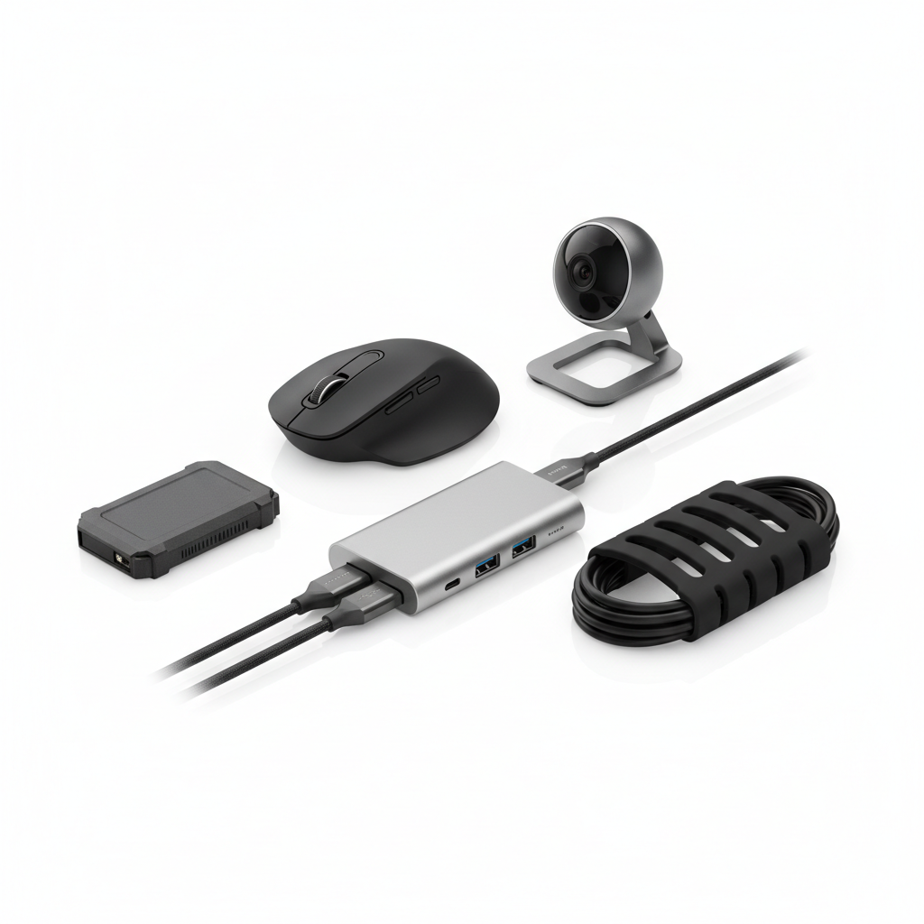 Collection of computer gadgets including USB hub, wireless mouse, portable SSD and webcam on white background