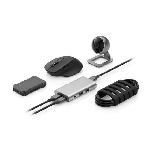 Collection of computer gadgets including USB hub, wireless mouse, portable SSD and webcam on white background